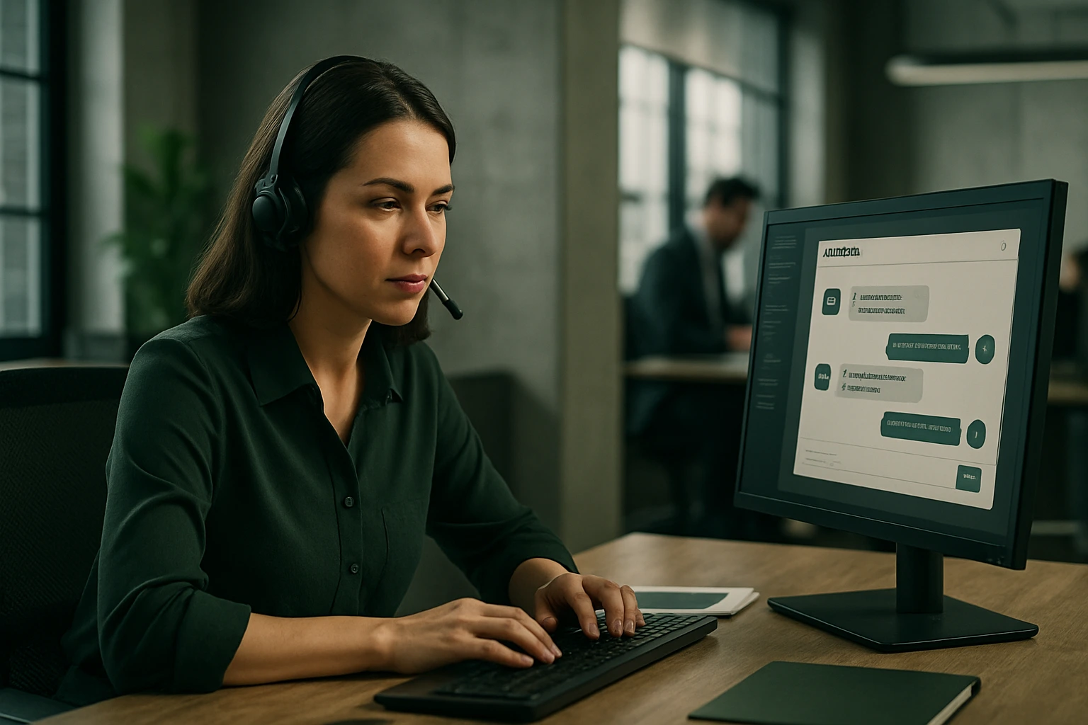 Mujer profesional atendiendo múltiples chats y llamadas al mismo tiempo, mostrando agotamiento y sobrecarga en oficina.