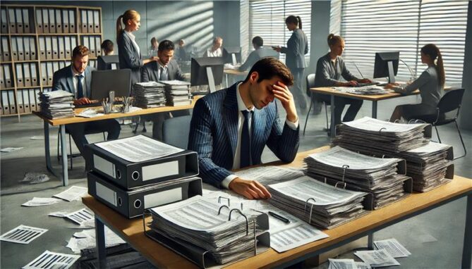 Oficina llena de empleados trabajando con grandes pilas de documentos y archivos. Un hombre en primer plano luce estresado mientras revisa papeles en su escritorio abarrotado.