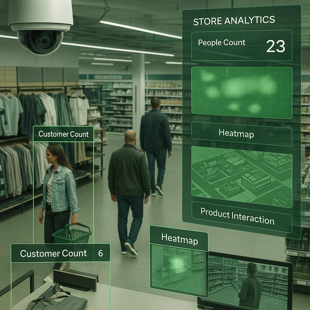 Análisis en tiempo real en tienda Clientes en una tienda siendo analizados en tiempo real mediante visión cognitiva, con mapas de calor y conteo de personas visibles en pantalla para mejorar la experiencia de compra