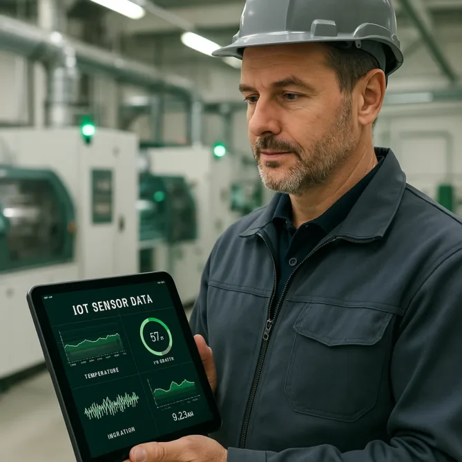 Operador de fábrica revisando una pantalla o tablet con indicadores IoT en tiempo real. Maquinaria moderna operando correctamente. Se transmite control y mejora continua.