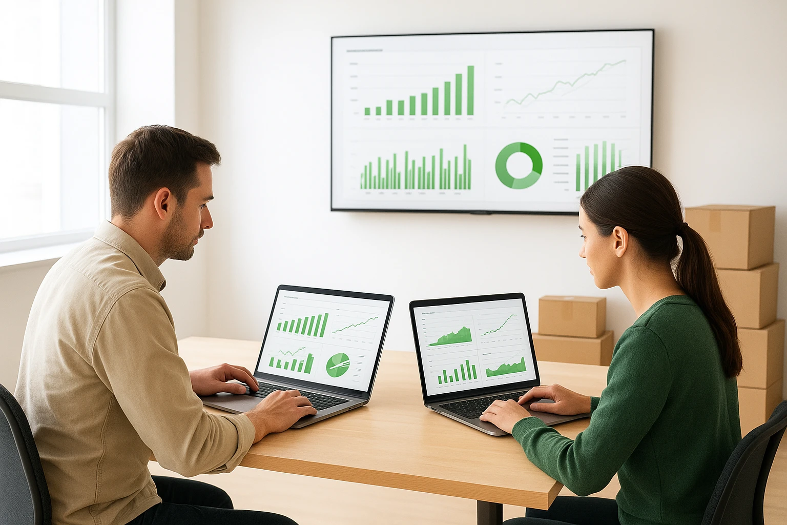Personas frente a laptops con gráficas verdes, pantalla con datos y cajas al fondo, reflejando analítica de datos y digitalización empresarial.