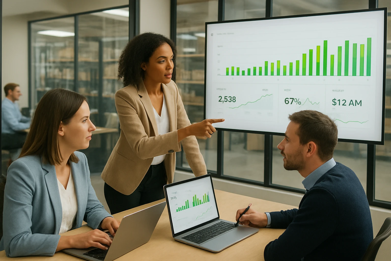 Escena corporativa que refleja análisis inteligente de datos y colaboración estratégica.