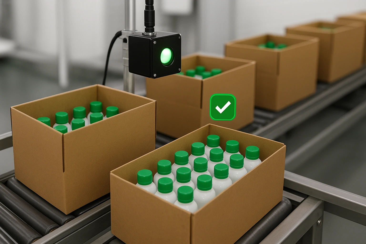 Cajas con botellas inspeccionadas por cámaras de inteligencia artificial