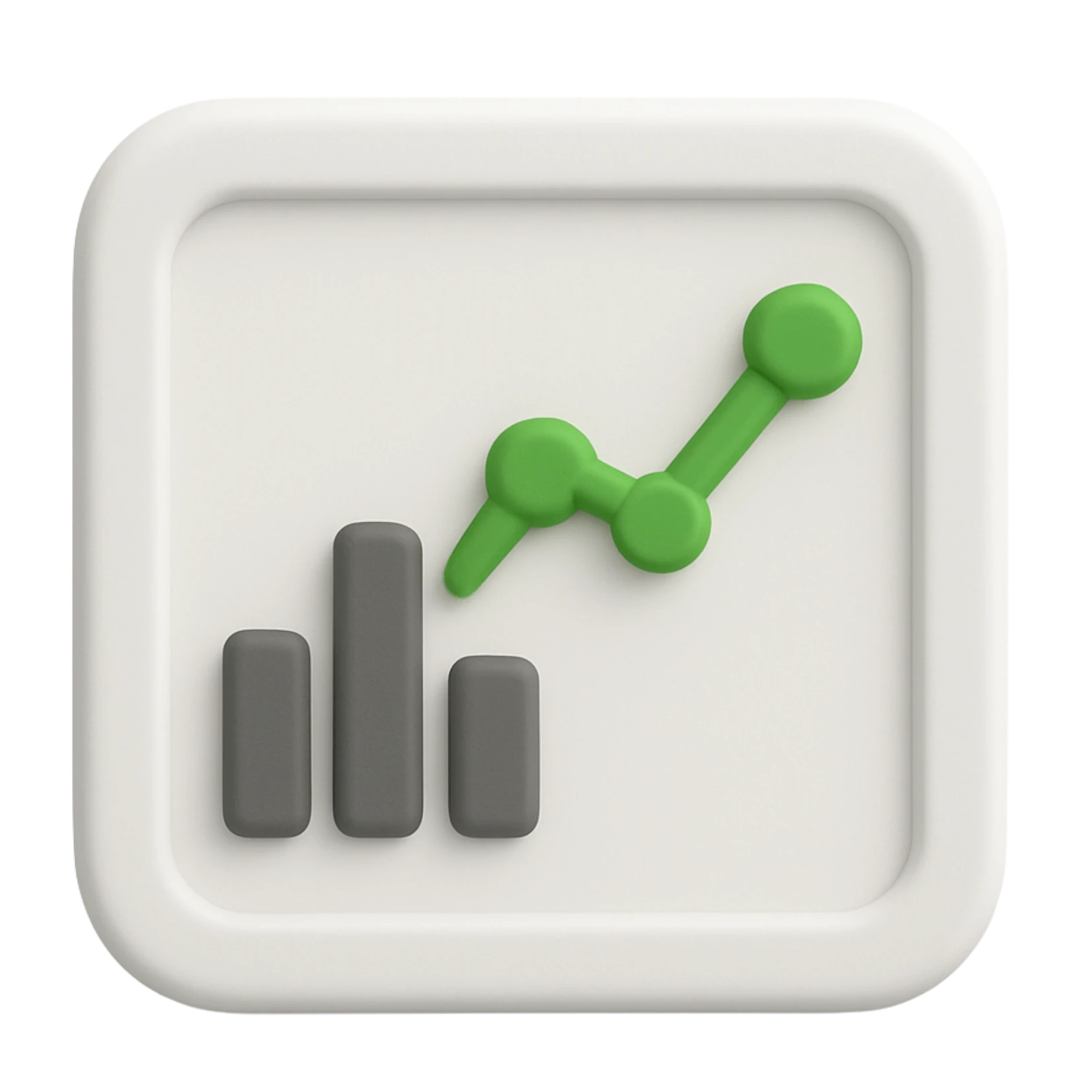 Analitica de datos Icono plano de tablero con barras y líneas en gris y verde.