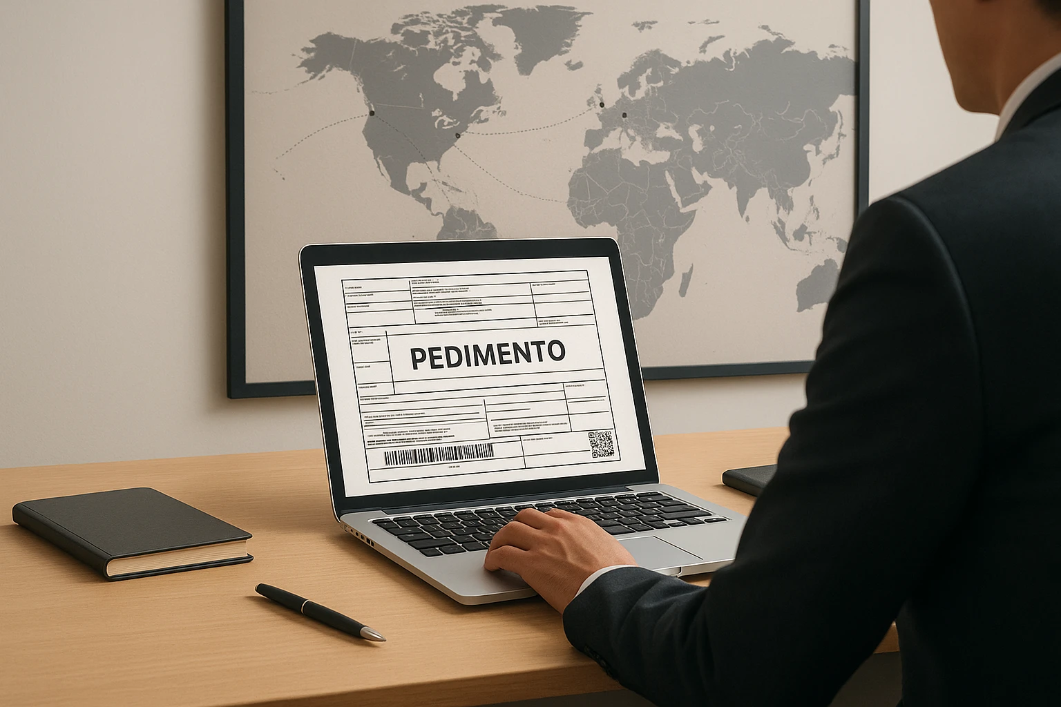 edimento aduanal digitalizado en laptop dentro de oficina, ejemplo de automatización y gestión electrónica en comercio exterior.