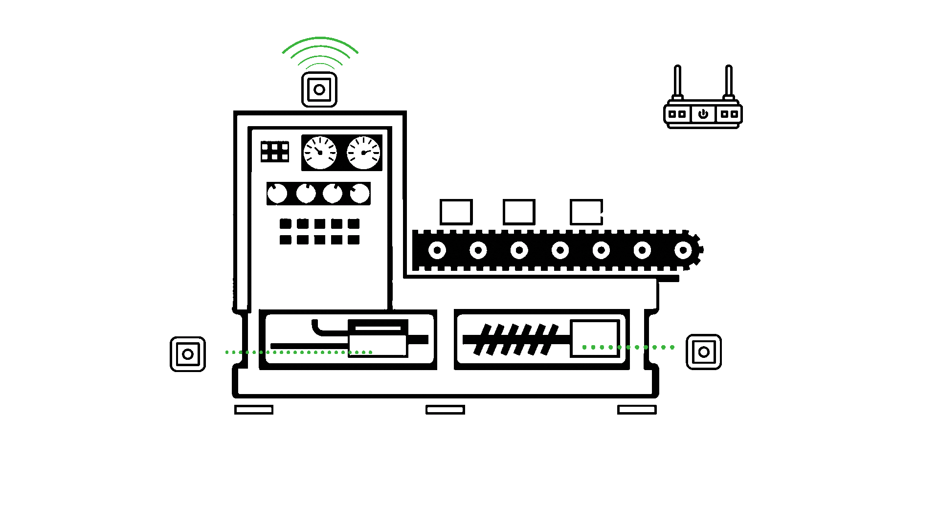 Sensores IoT para la Industria 4.0: Automatización y Monitoreo en Tiempo Real Ilustración de sensores IoT conectados a una máquina industrial, mostrando la automatización y monitoreo en tiempo real en una línea de producción.