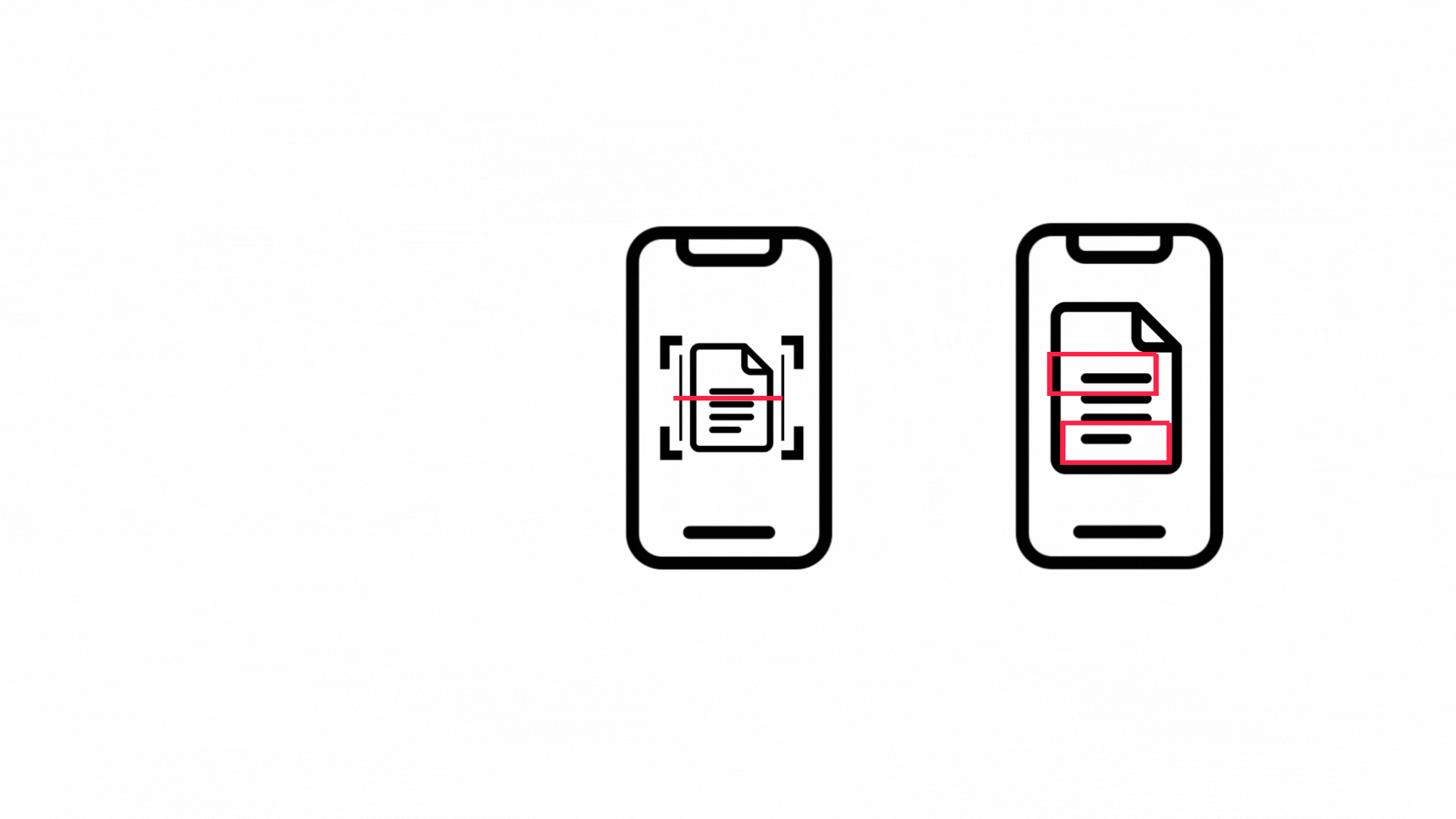 Digitalización de documentos a formularios móviles Ilustración de un proceso de digitalización de documentos. La imagen muestra dos iconos de teléfonos móviles: el primero escaneando un documento en papel y el segundo con un documento digitalizado, resaltando campos de texto accesibles en rojo.