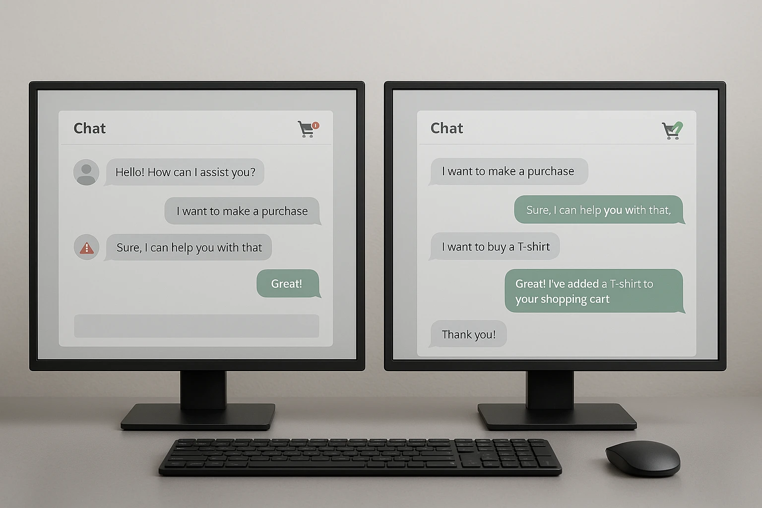 Chatbots vs. Agentes con IA Dos computadoras muestran la diferencia: un chatbot genérico con respuestas limitadas y un agente con IA que finaliza una compra exitosamente.