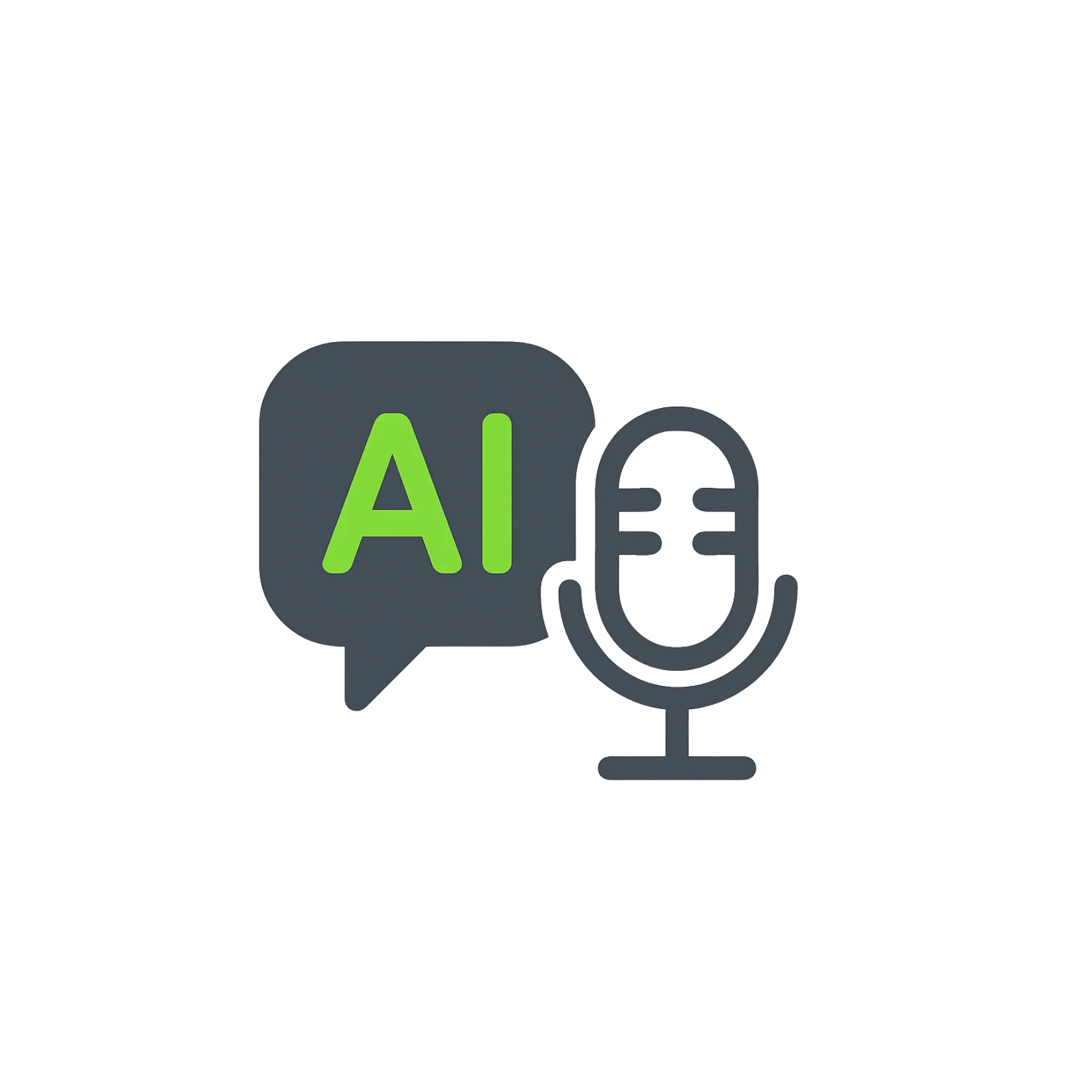 Icono minimalista de burbuja de chat y micrófono con acentos verdes.