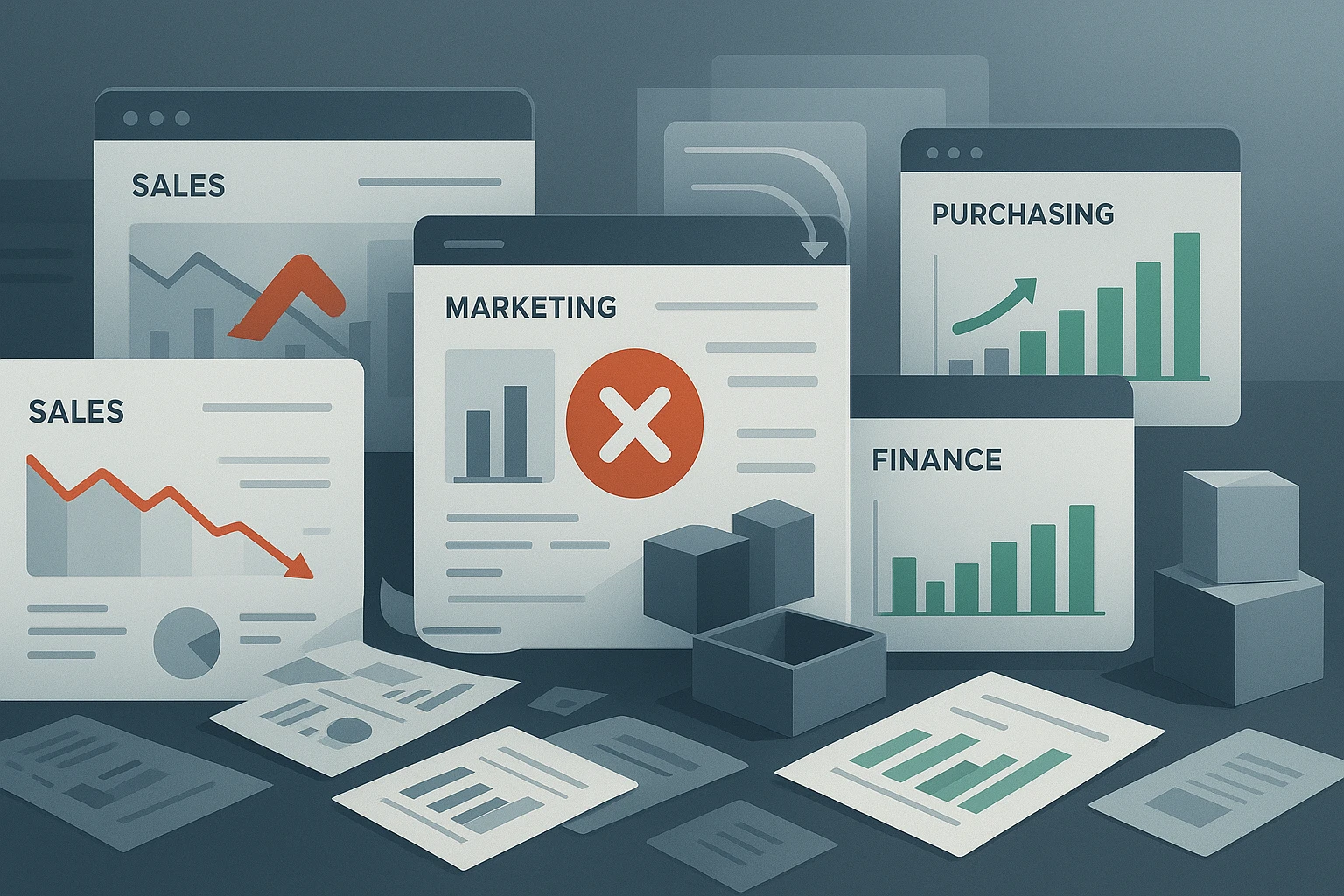 analitica de datos Imagen conceptual en estilo profesional con gráficos y tableros incompletos que simbolizan la ausencia de datos claros y centralizados, resaltando la importancia de la analítica para mejorar la toma de decisiones empresariales.