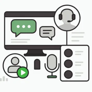 asistente ia Ilustración corporativa en grises con íconos de chat y micrófono en gris oscuro y acentos verdes, que representan asistentes conversacionales de texto y voz con IA.”