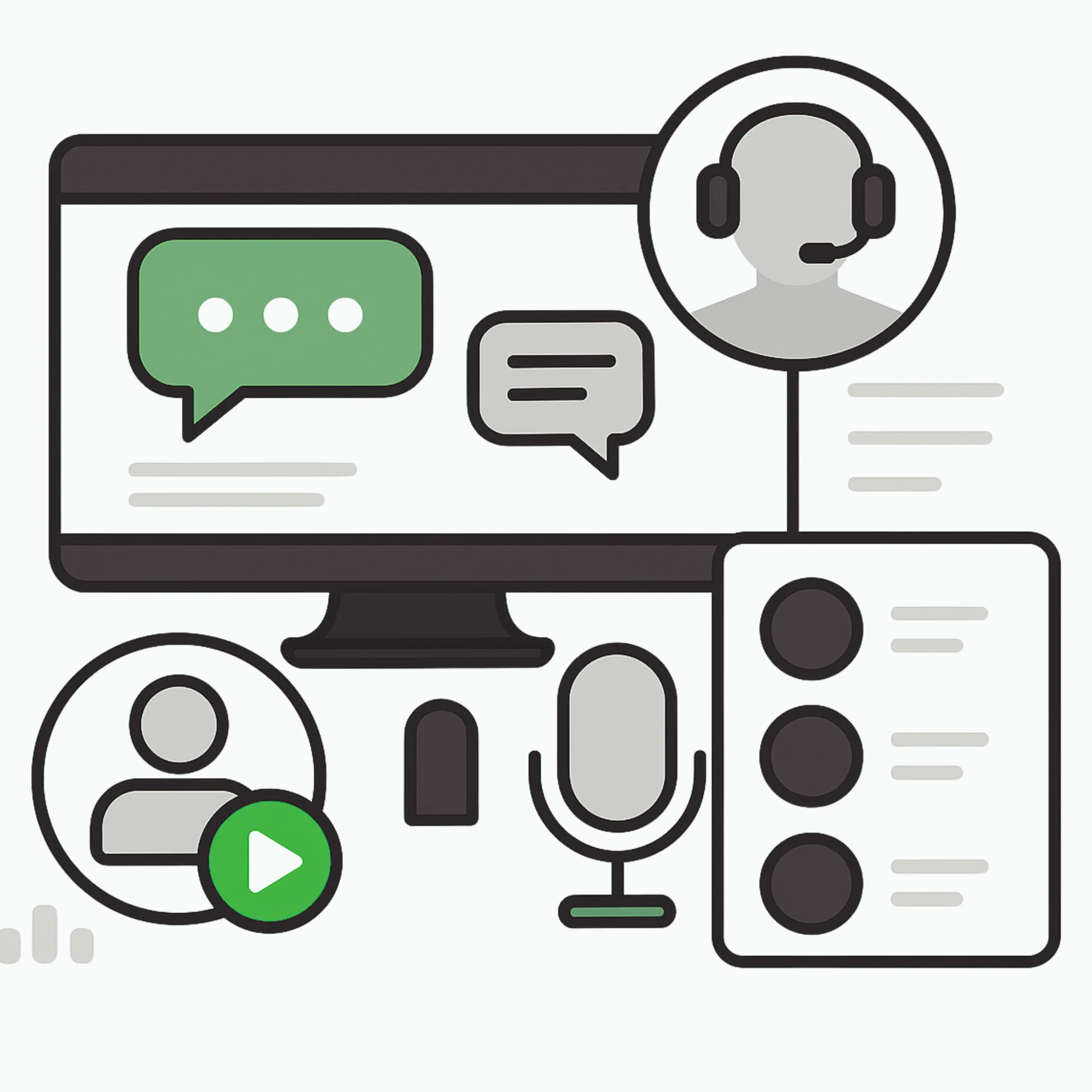 asistente ia Ilustración corporativa en grises con íconos de chat y micrófono en gris oscuro y acentos verdes, que representan asistentes conversacionales de texto y voz con IA.”