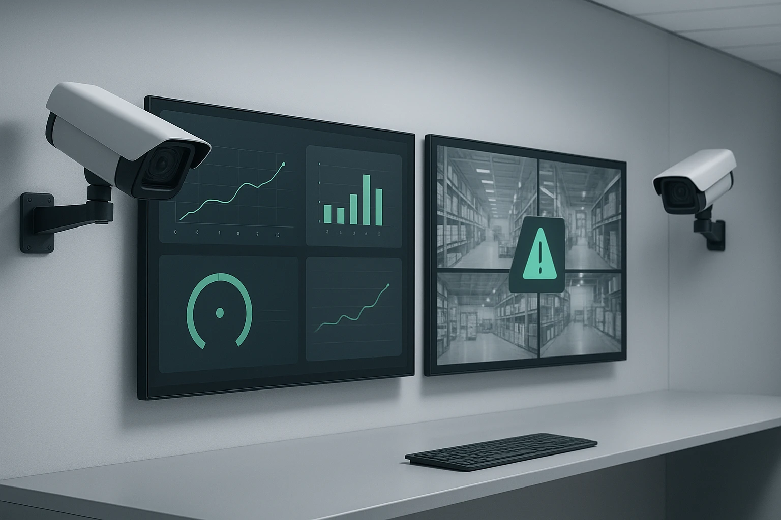 camaras con ia Monitoreo de seguridad inteligente con IA en un entorno industrial moderno, con cámaras de vigilancia y pantallas digitales