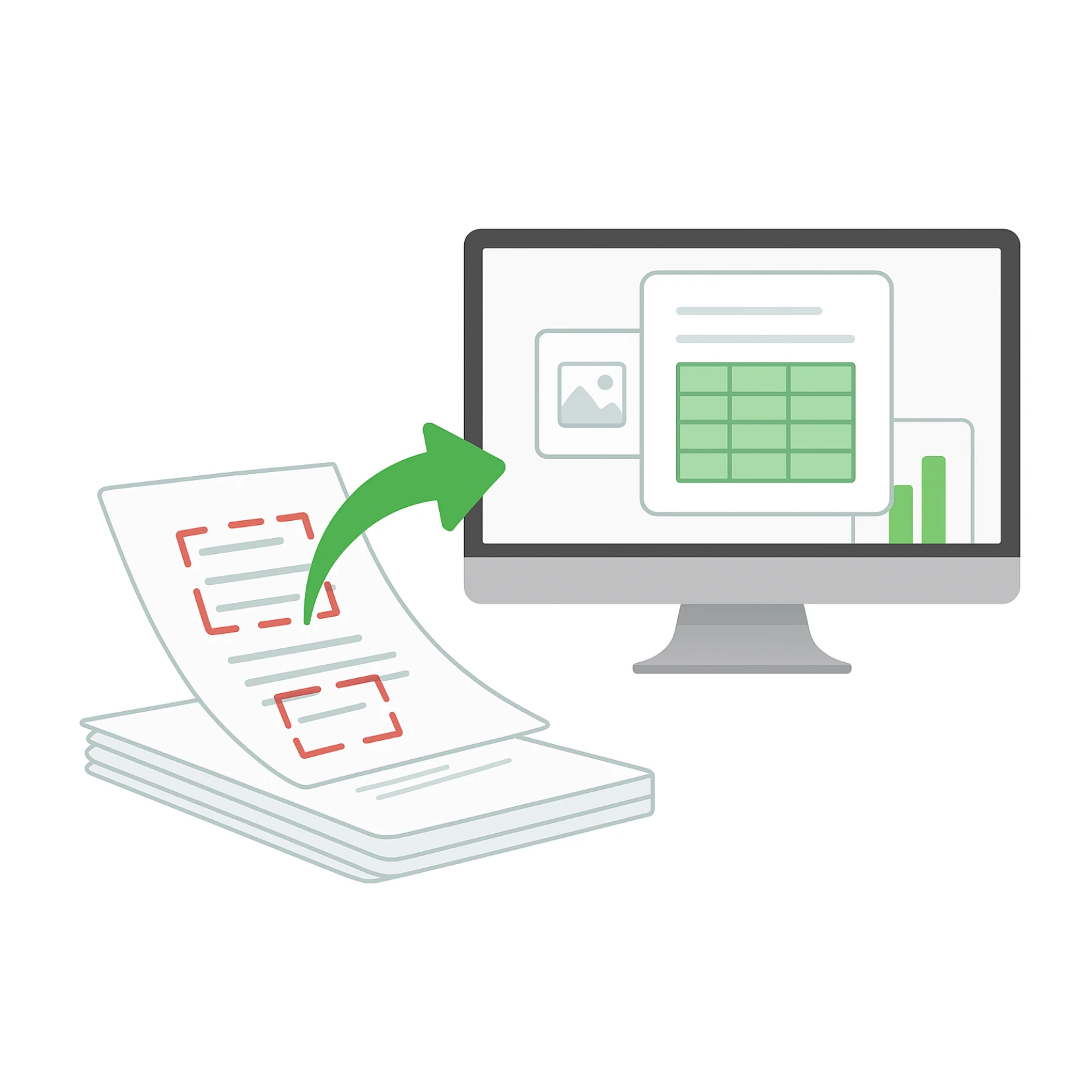 digitalizacion de documentos Ilustración de un documento transformándose en datos digitales con un estilo moderno y limpio.