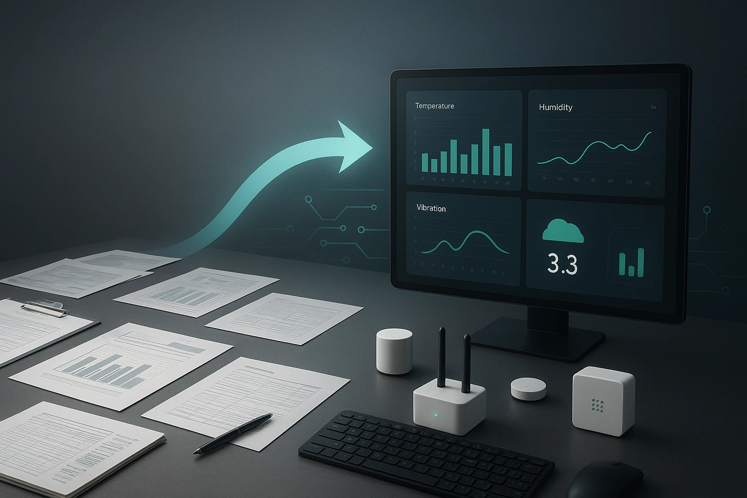 sensores iot "Transición de un escritorio con reportes en papel hacia un entorno moderno con sensores IoT y un panel digital mostrando datos en tiempo real