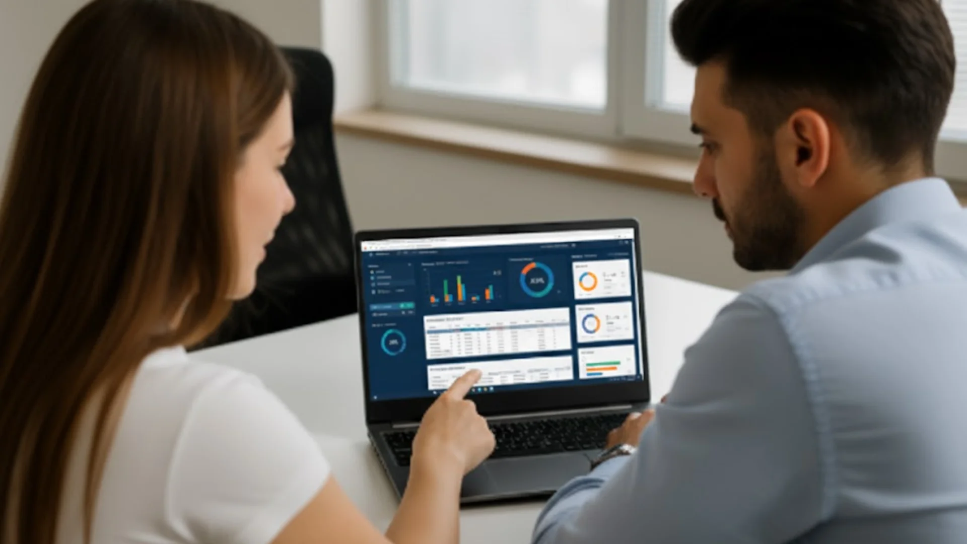 Personas frente a laptops con gráficas verdes, pantalla con datos y cajas al fondo, reflejando analítica de datos y digitalización empresarial.