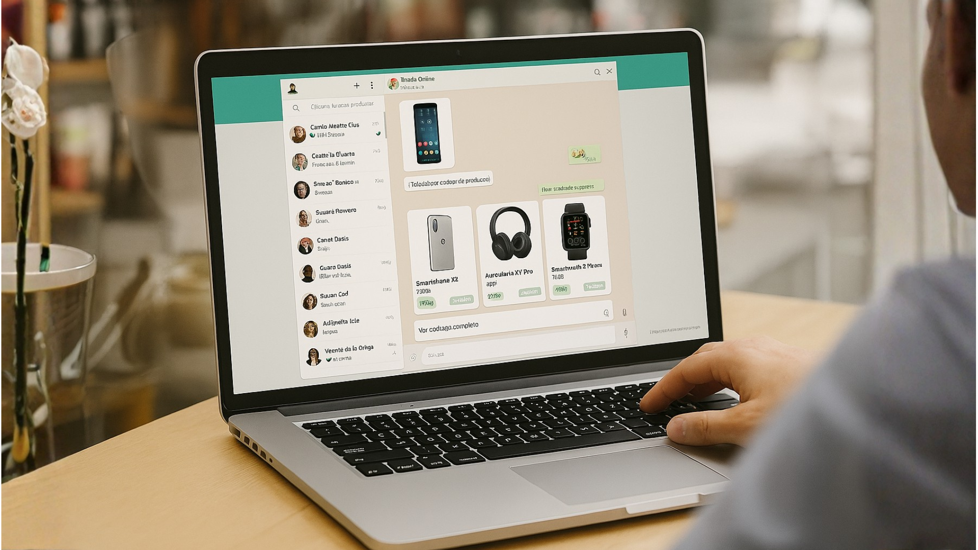 Laptop mostrando una conversación con una tienda online, donde se presentan productos electrónicos y opciones de catálogo, ideal para ilustrar el uso de mensajes para respuestas automáticas en atención al cliente.