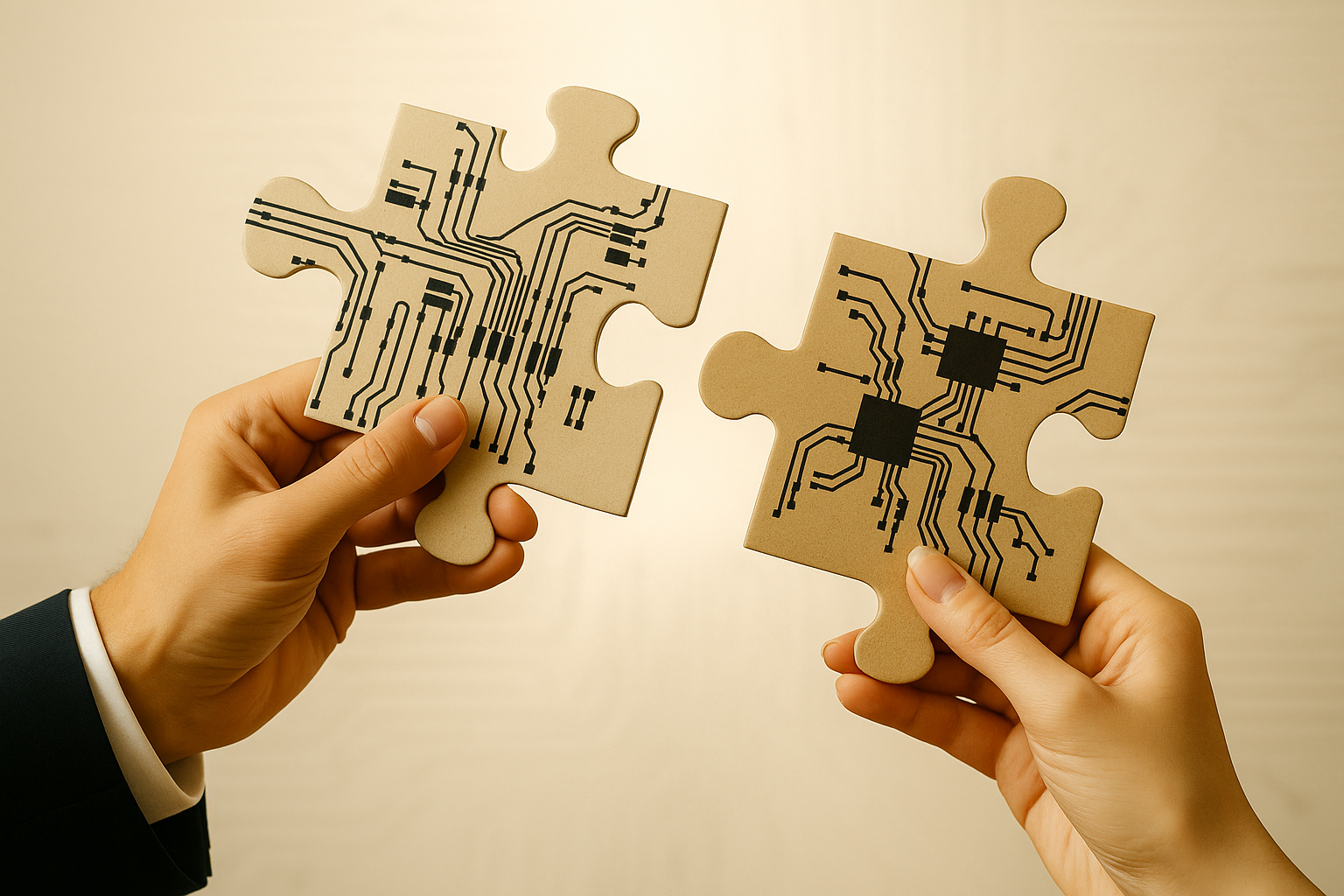 Dos personas unen piezas de rompecabezas con circuitos impresos, representando cómo las empresas integran datos dispersos y eliminan silos de información para lograr una gestión unificada e inteligente.